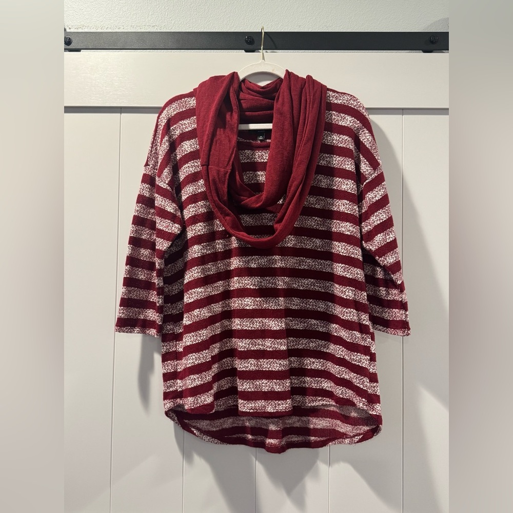 Maroon and White Striped Top with Scarf